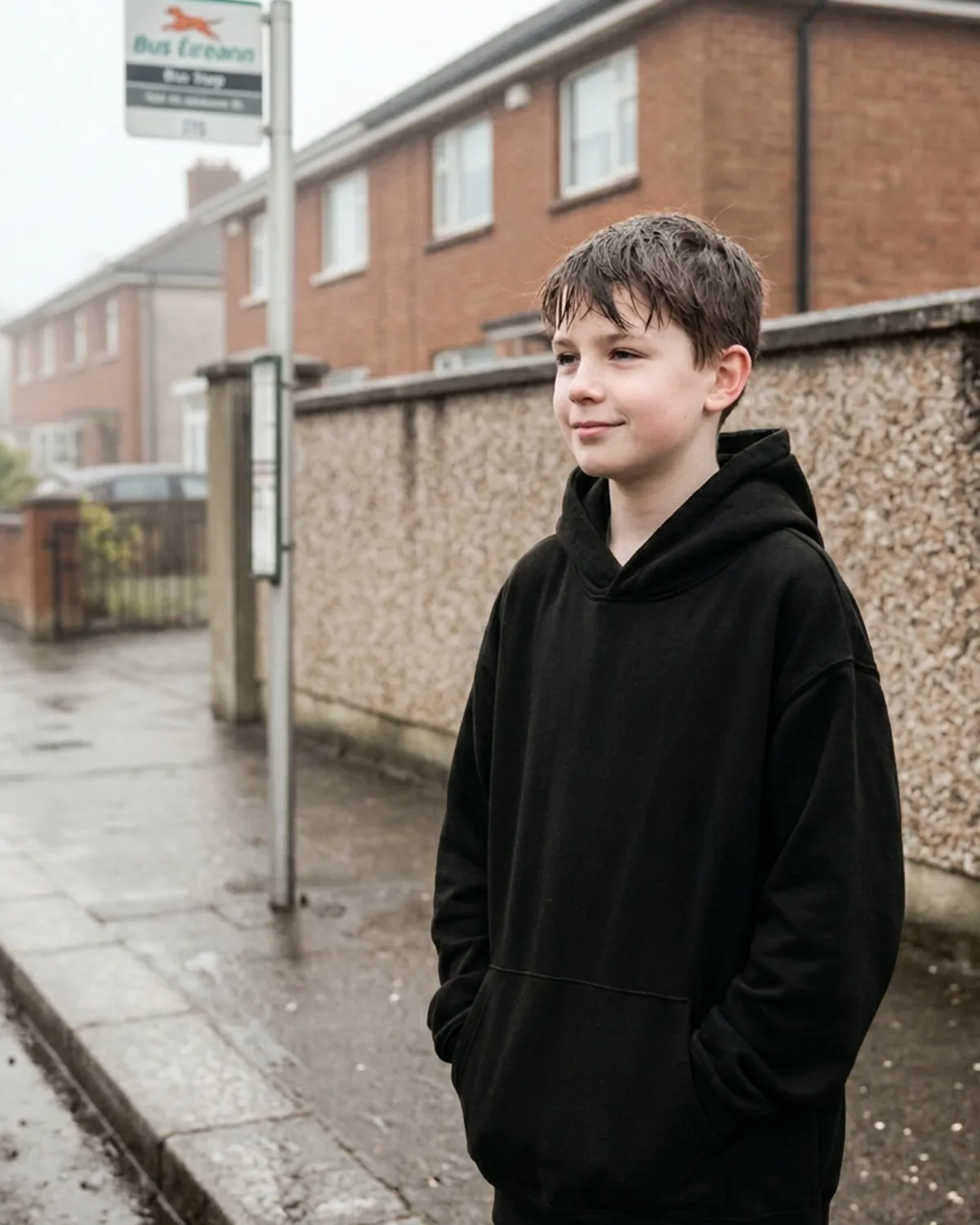 Boy in black Cosi hoodie at a Bus Éireann stop.