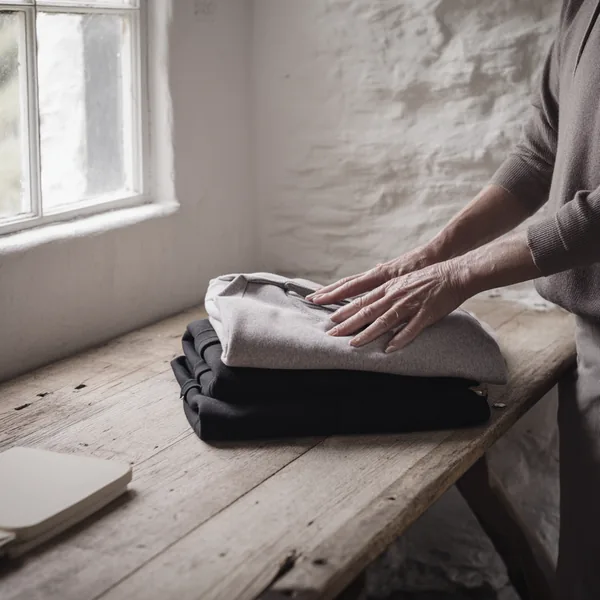 Hands folding a heather grey hoodie in a small Irish workshop.