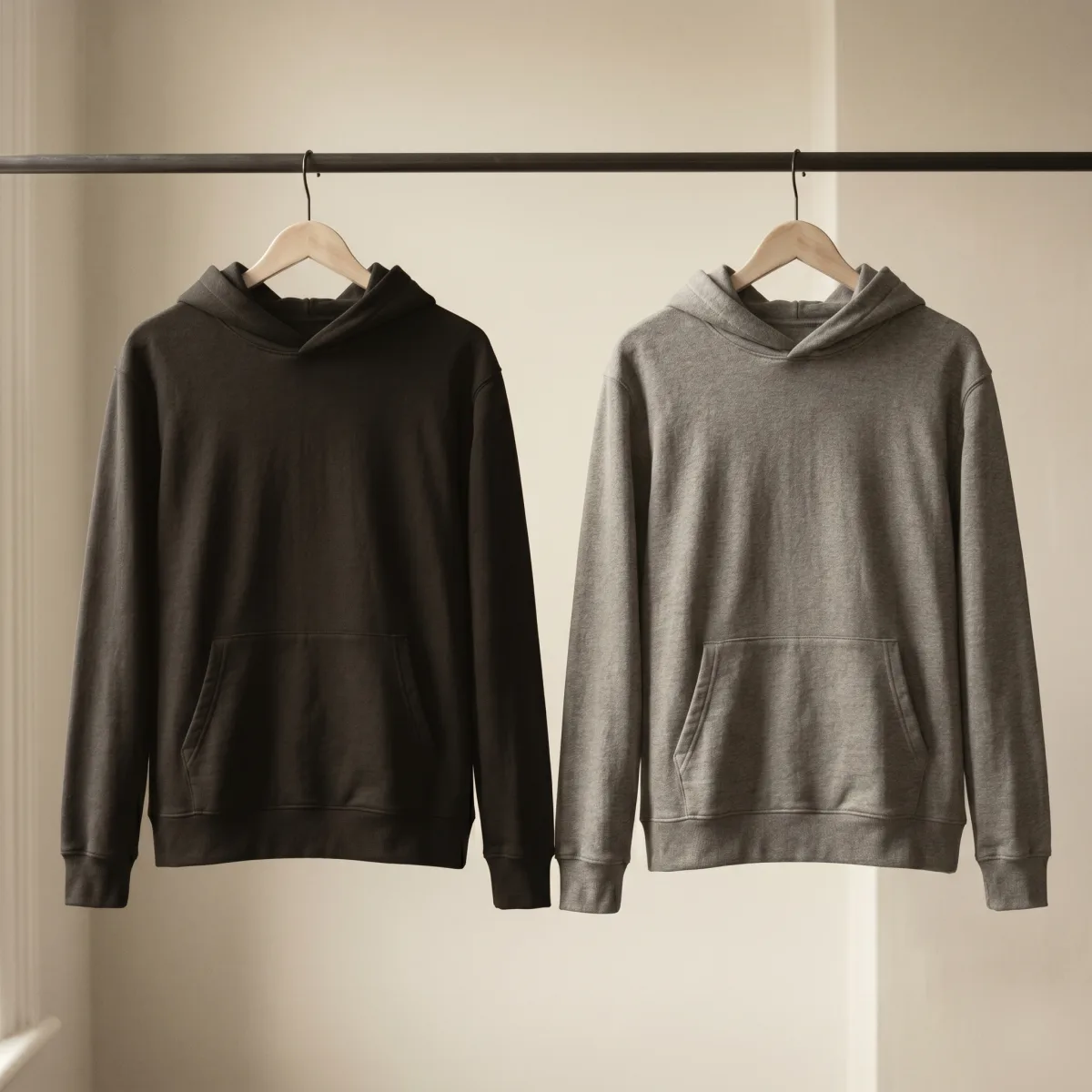 Two Cosi hoodies, black and heather grey, on wooden hangers.